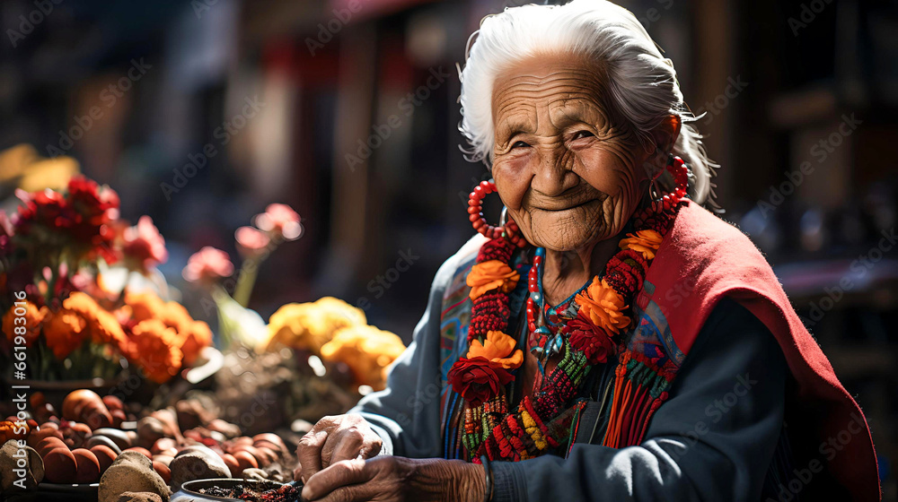elderly woman, seller of crafts at the Bolivian fairs, peace, local culture and tradition, lifestyle in Latin America