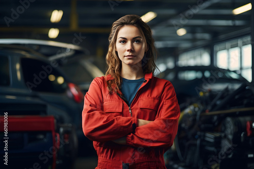A female auto mechanic in a garage surrounded by tools and car parts, embodying feminism and women working in traditionally male-dominated professions, showcasing skill and empowerment