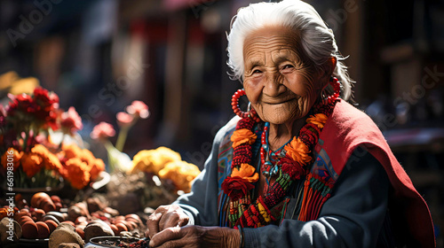 elderly woman, seller of crafts at the Bolivian fairs, peace, local culture and tradition, lifestyle in Latin America © Juan Gumin
