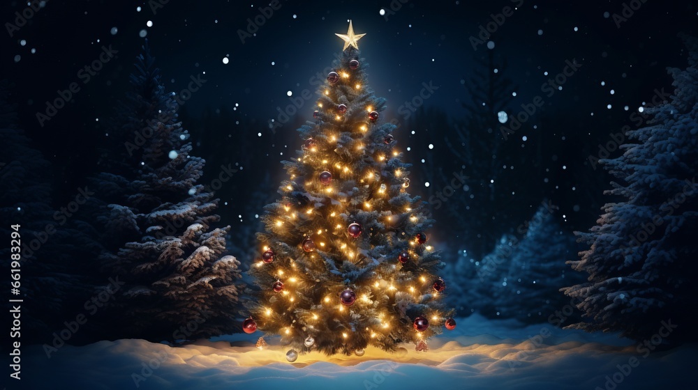 A beautifully decorated Christmas tree in a snowy landscape A beautifully decorated Christmas tree in a snowy landscape