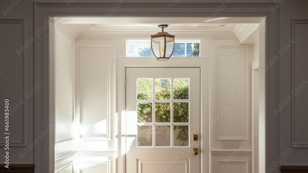 A transom window above a door, allowing extra light into the hallway. - obrazy, fototapety, plakaty 