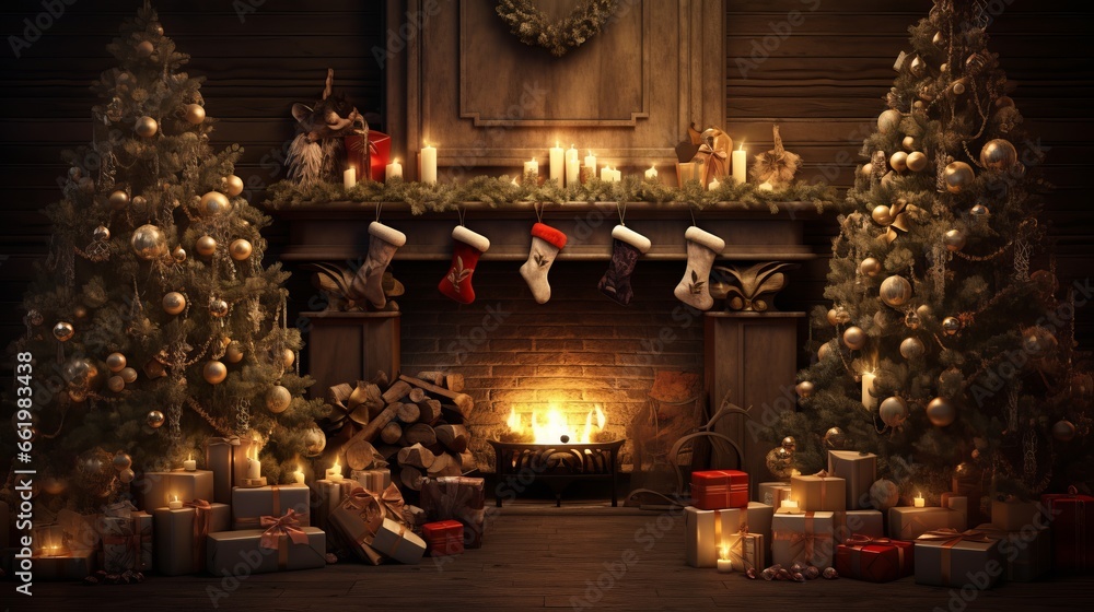 A festive fireplace adorned with Christmas stockings