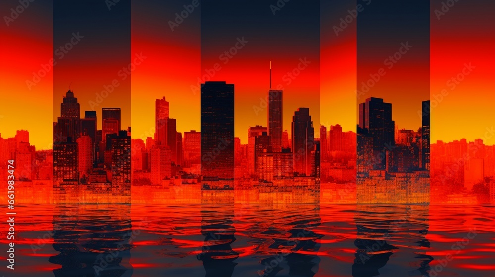 A triptych of thermal images showcasing the rise in temperatures within a city during the daytime, highlighting the consequences of urban heat. - obrazy, fototapety, plakaty 