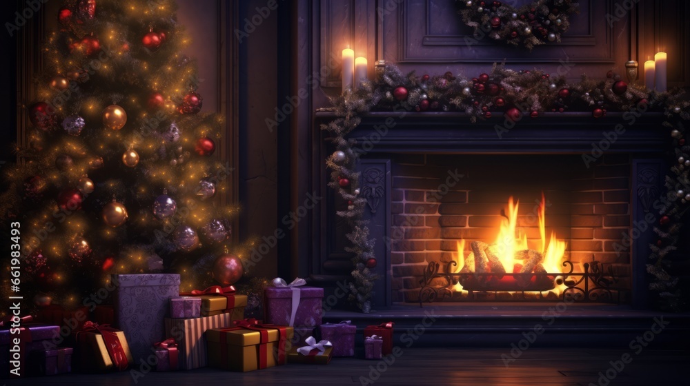 A festive fireplace adorned with presents and a beautifully decorated Christmas tree