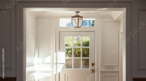 A transom window above a door, allowing extra light into the hallway. photo