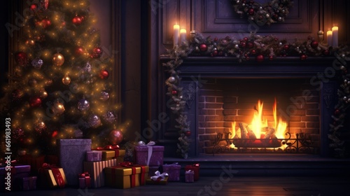 A festive fireplace adorned with presents and a beautifully decorated Christmas tree