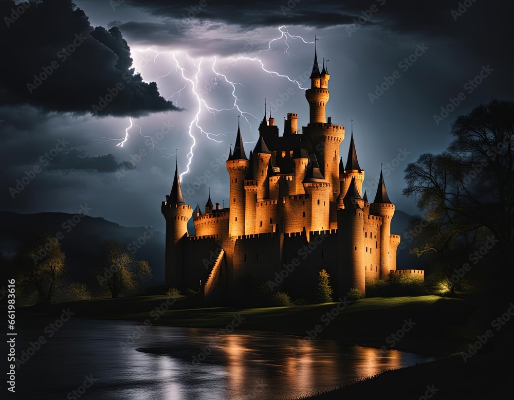 Fantasy illustration of an illuminated spooky castle with turrets at a lake in the evening with dark clouds and lightning
