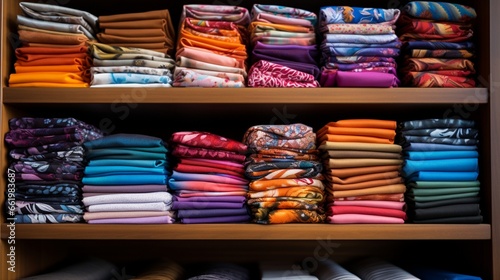 A variety of colorful bandanas folded neatly on a shelf.