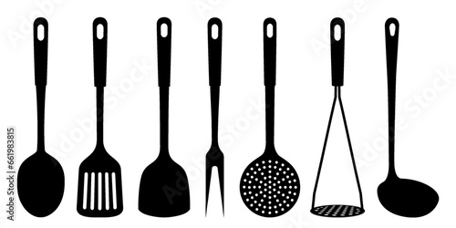 Set of soup ladle and slotted spoon, kitchen Spatula, Potato Masher, Skimmer Spoon, meat fork, large spoon, silhouettes of kitchen utensils, isolated on white background. Vector flat design