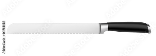 Chef's kitchen knife with a black handle isolated on a white background. 3d render of bread knife or professional kitchen utensils. Realistic vector illustration. Mock up.