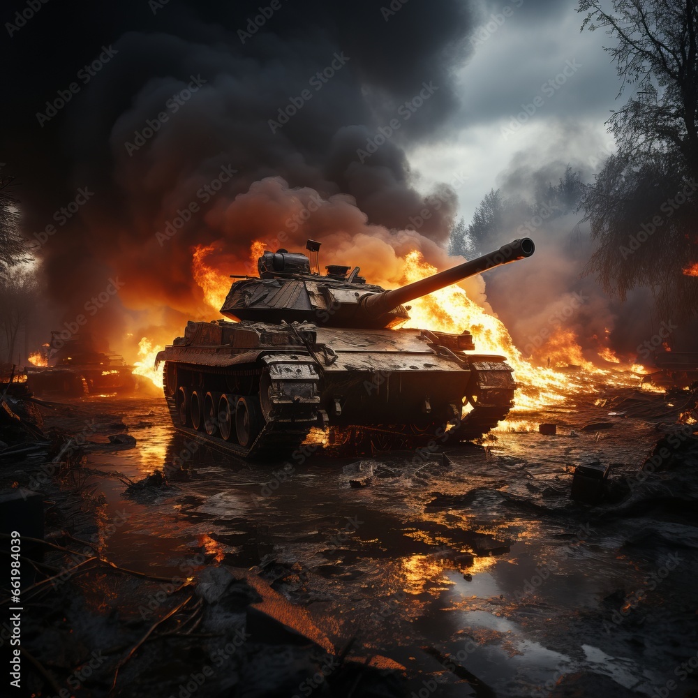 
A tank on a military mission is on fire from a hit. Tank barrel. Infantrymen and tankers among the city and steppe. Dangerous military work. Concept: modern military transport.