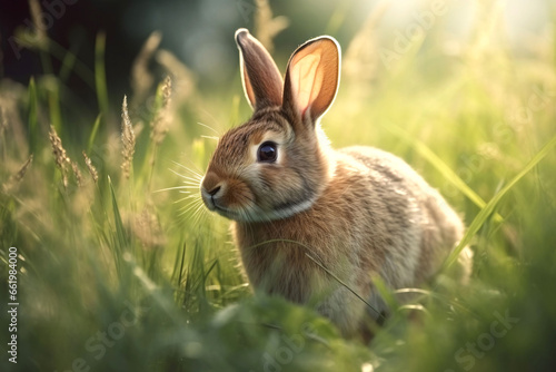 Hellbraunes Kaninchen im sonnigen Gras, Hase, Generative AI, KI
