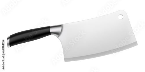Chinese chef's knife. Meat cleaver knife with a black handle isolated on a white background. Butcher knife, Realistic 3d render, vector illustration. Professional kitchen utensils. Mock up.