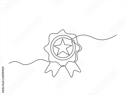 Award star badge continuous line art drawing. Vector illustration isolated on white.