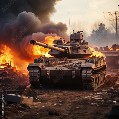  A tank on a military mission is on fire from a hit. Tank barrel. Infantrymen and tankers among the city and steppe. Dangerous military work. Concept: modern military transport.