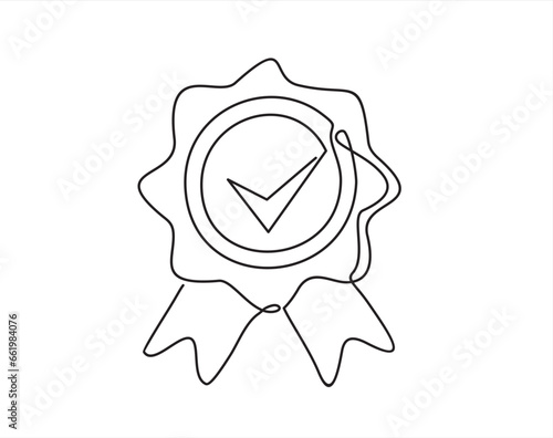 Award badge continuous line art drawn. Approval check sign. Certificate contour line. Vector illustration isolated on white.