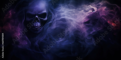 Skull and colorful smoke on black background. Halloween concept. Copy space.