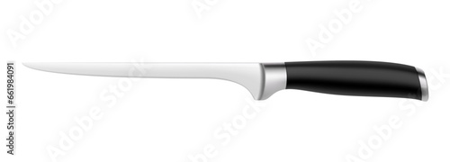 Sharp boning knife with a black handle isolated on a white background. Realistic 3d render, vector illustration. Professional kitchen utensils. Mock up. Top view. Kitchenware.