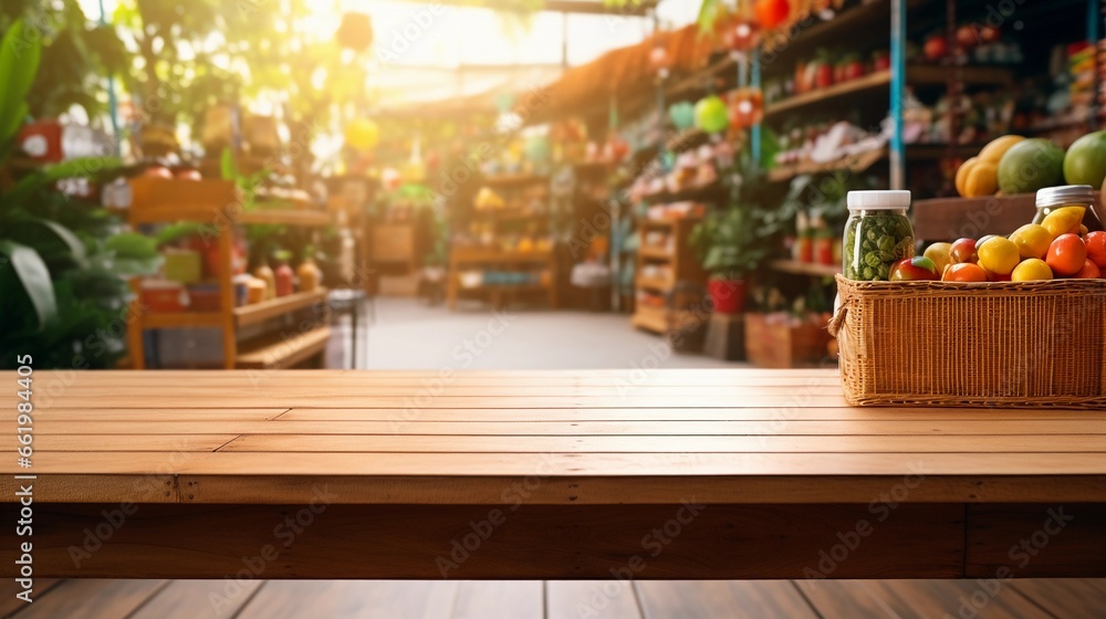 Wooden table in a grocery store, product presentation in a supermarket, healthy shopping