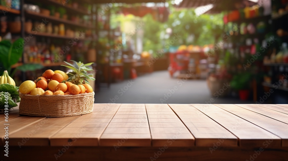 Wooden table in a grocery store, product presentation in a supermarket, healthy shopping - obrazy, fototapety, plakaty 