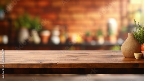 Wooden table in a grocery store, product presentation in a supermarket, healthy shopping © PhotoHunter