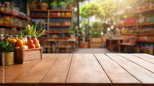 An empty table in a grocery store, space for a product, the store's assortment visible in the background © PhotoHunter