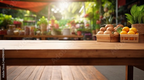 Wooden table in a grocery store, product presentation in a supermarket, healthy shopping
