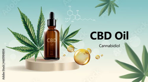 Hemp oil bottle on a pedestal with marijuana leaves on the background and a drop. 3d cbd cannabis oil product ad template. Realistic vector illustration.