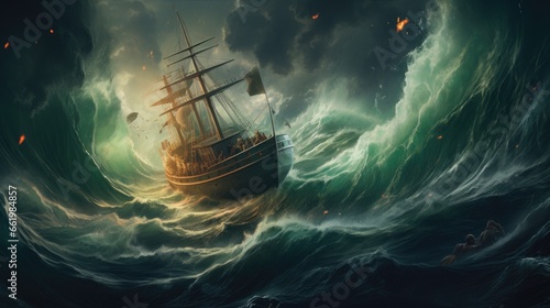 Leinwand Poster A large masted ship fights huge storm waves in the ocean or sea