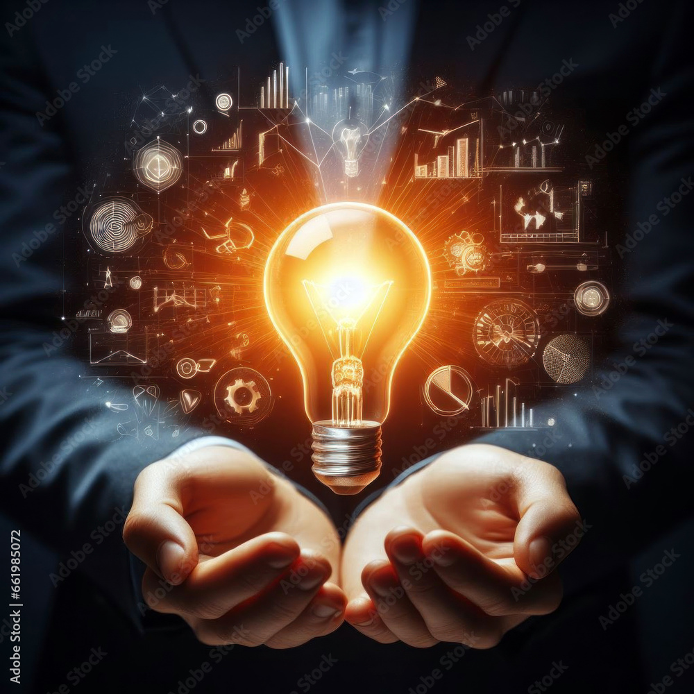 © 2D_Jungle - New bright idea concept with human palms holding illuminated lightbulb