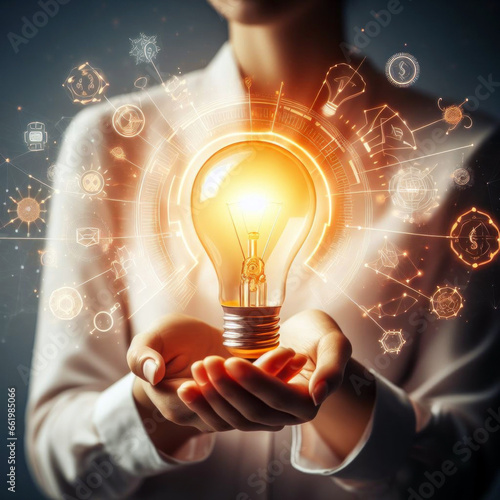 New bright idea concept with human palms holding illuminated lightbulb