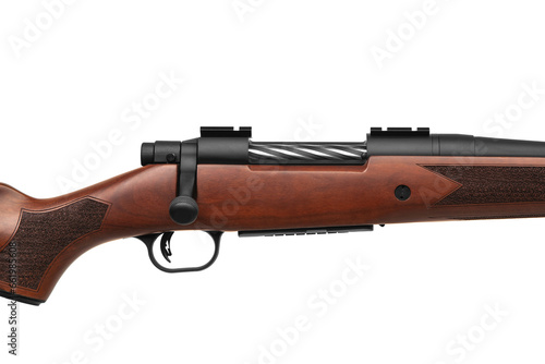 A modern bolt-action carbine with a wooden stock. Weapons for sport, hunting and self-defense. Isolate on a white back