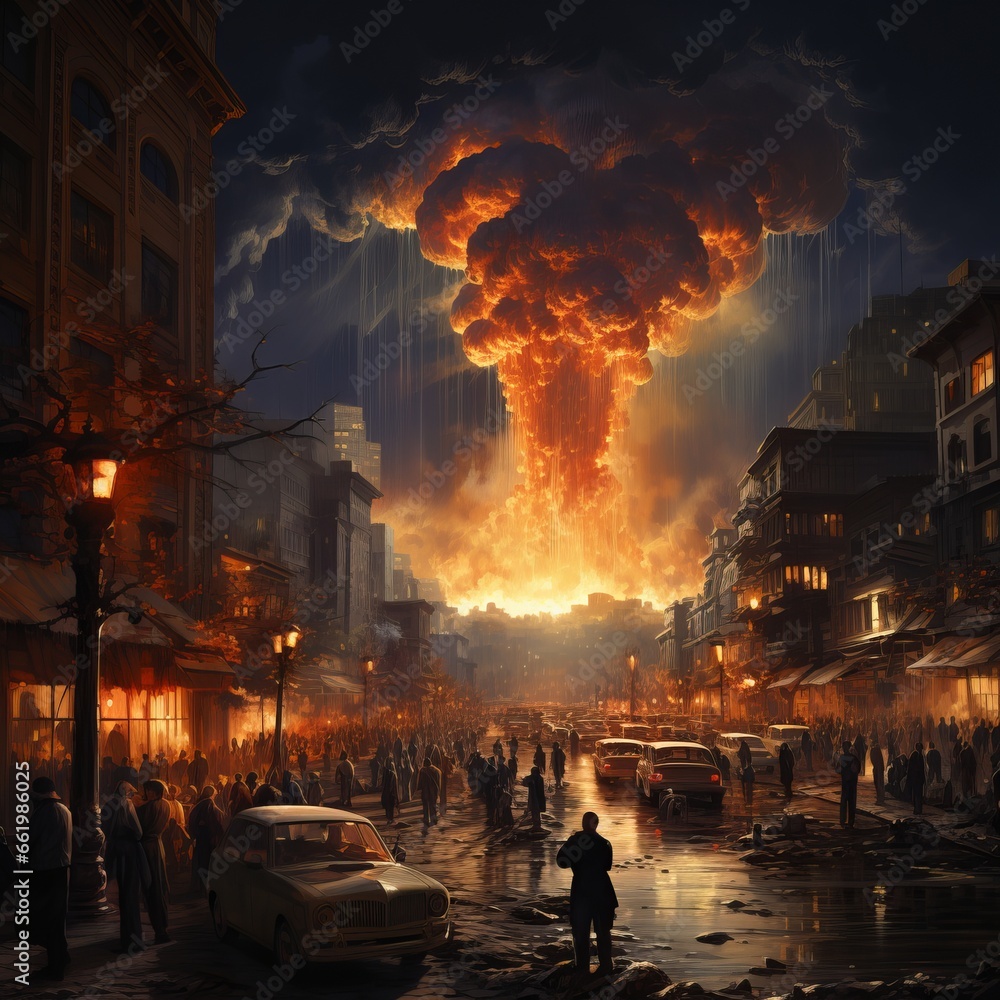 Nuclear explosion. Retro style, shock wave against the background of a nuclear mushroom in the process of releasing thermal and radiant energy as a result of uncontrolled nuclear fission.
Nuclear explosion. Retro style, shock wave against the background of a nuclear mushroom in the process of releasing thermal and radiant energy as a result of uncontrolled nuclear fission.