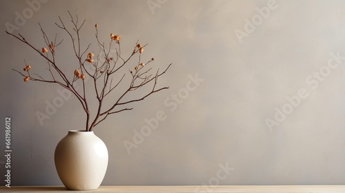 An aged tree branch with copy space in the backdrop is shown in a contemporary white round vase against a beige wall. Apartment's idea of natural beauty and interior design components