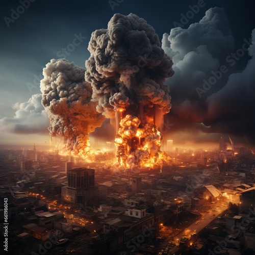  Nuclear explosion. Retro style, shock wave against the background of a nuclear mushroom in the process of releasing thermal and radiant energy as a result of uncontrolled nuclear fission.