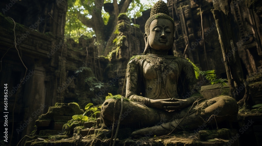 An aged, weathered Buddha statue nestled within ancient temple ruins.