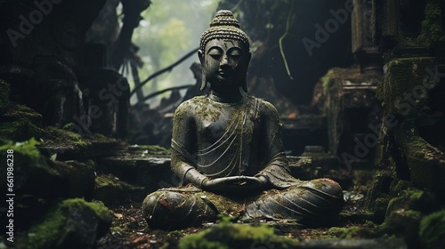 An aged, weathered Buddha statue nestled within ancient temple ruins.