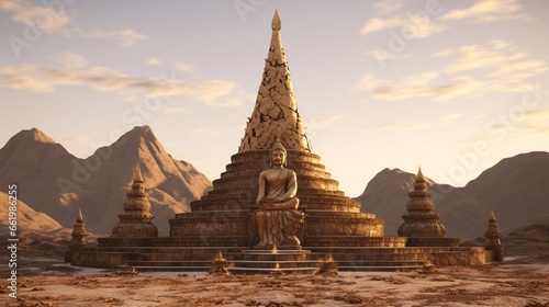 An ancient stone stupa with a golden Buddha statue at its peak.