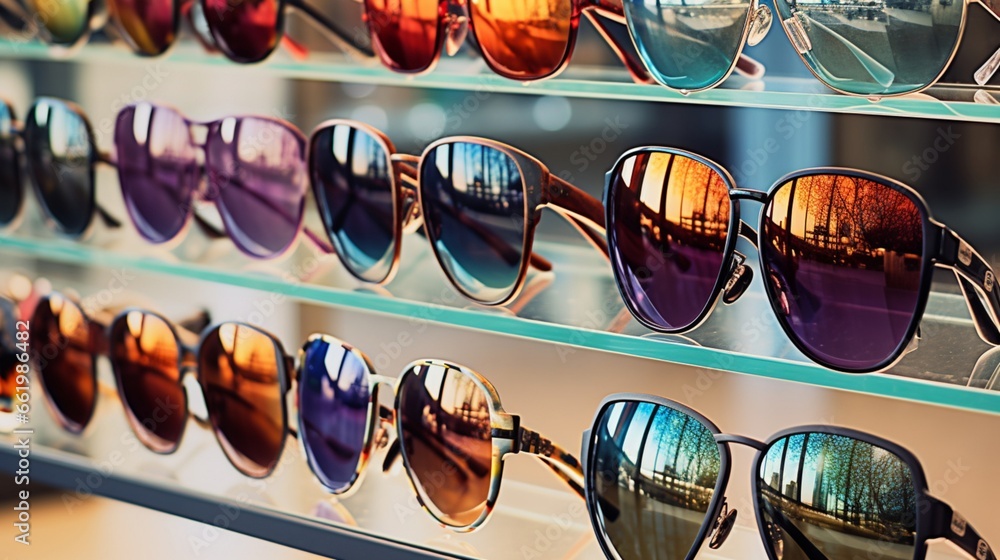 An array of various styles of sunglasses on a glass shelf. - obrazy, fototapety, plakaty 