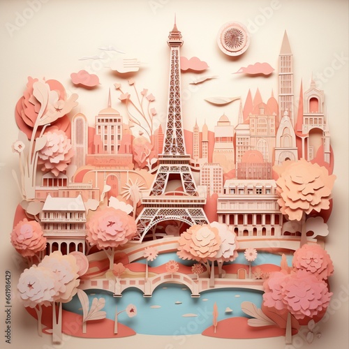 Peach color paris paper cutting craft eiffel tower image Ai generated art