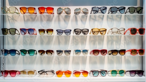 An array of various styles of sunglasses on a glass shelf.