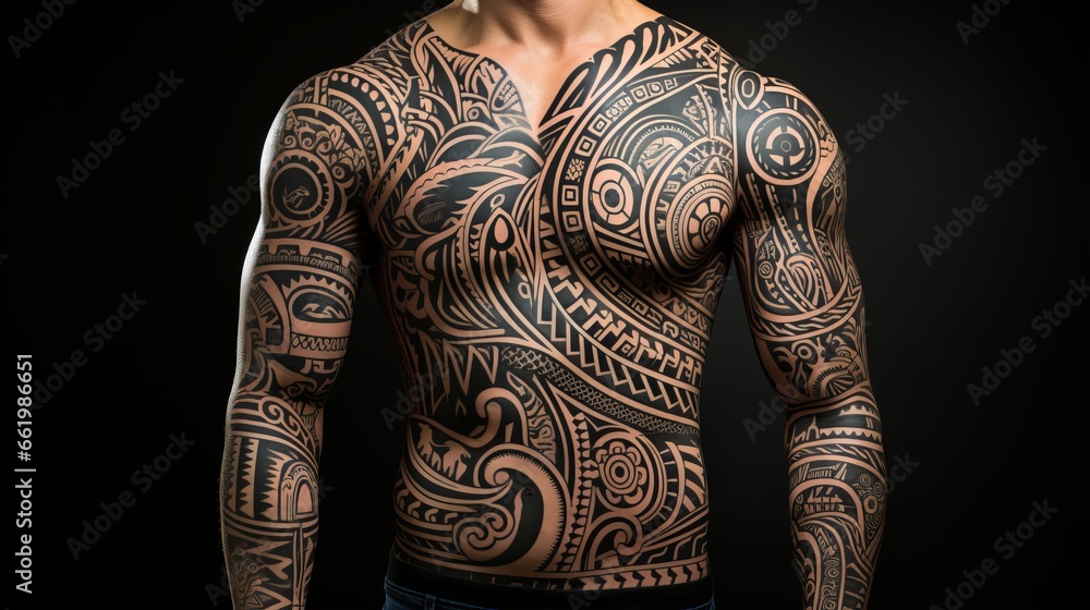 Polynesian style tattoo on a man's muscular and athletic body. Patterns and designs on the body, skin painting.
Polynesian style tattoo on a man's muscular and athletic body. Patterns and designs on the body, skin painting.