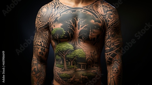  Polynesian style tattoo on a man s muscular and athletic body. Patterns and designs on the body  skin painting.