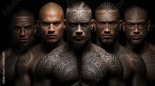 
Polynesian style tattoo on a man's muscular and athletic body. Patterns and designs on the body, skin painting.