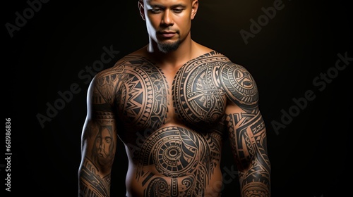  Polynesian style tattoo on a man's muscular and athletic body. Patterns and designs on the body, skin painting.