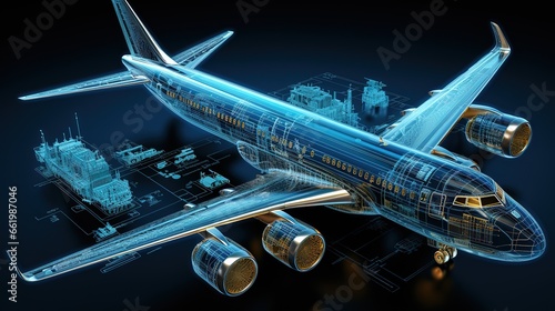 Airplane design in data visualization style, airplane model hologram