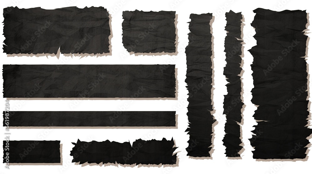 collection of black torn textured paper strips, cut vintage collage design elements