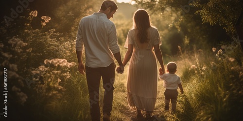 A Happy Family  Mother  Father  and Baby  Walk Hand in Hand through Lush Green Fields  Bathed in Gentle Sunlight  Brimming with Love and Joy