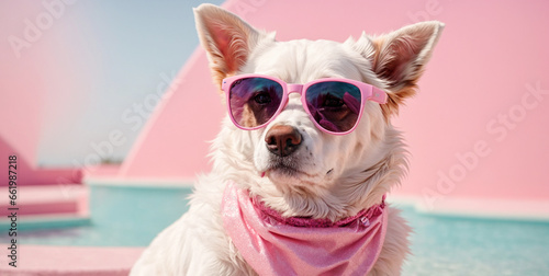 Awsome cool dog with sunglasses, pastel colors background © LisyLo