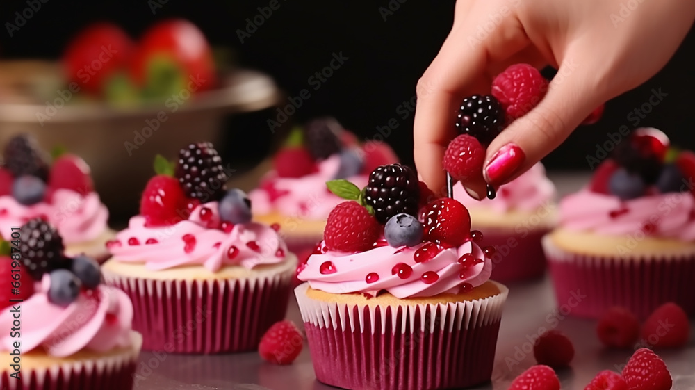 Women's hands of a confectioner, decorating cupcakes with raspberries. Pastry chef decorates the muffins with fresh berries, Generative AI